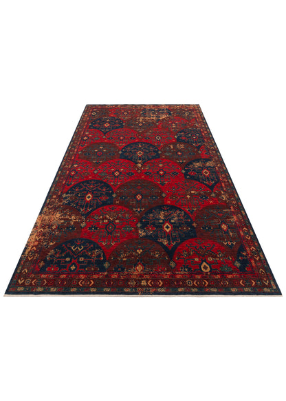 Rönesans El Emeği Etnik Desenli Kırmızı Çok Renkli Yün Saçaklı Anadolu Motifli Otantik Salon Halısı