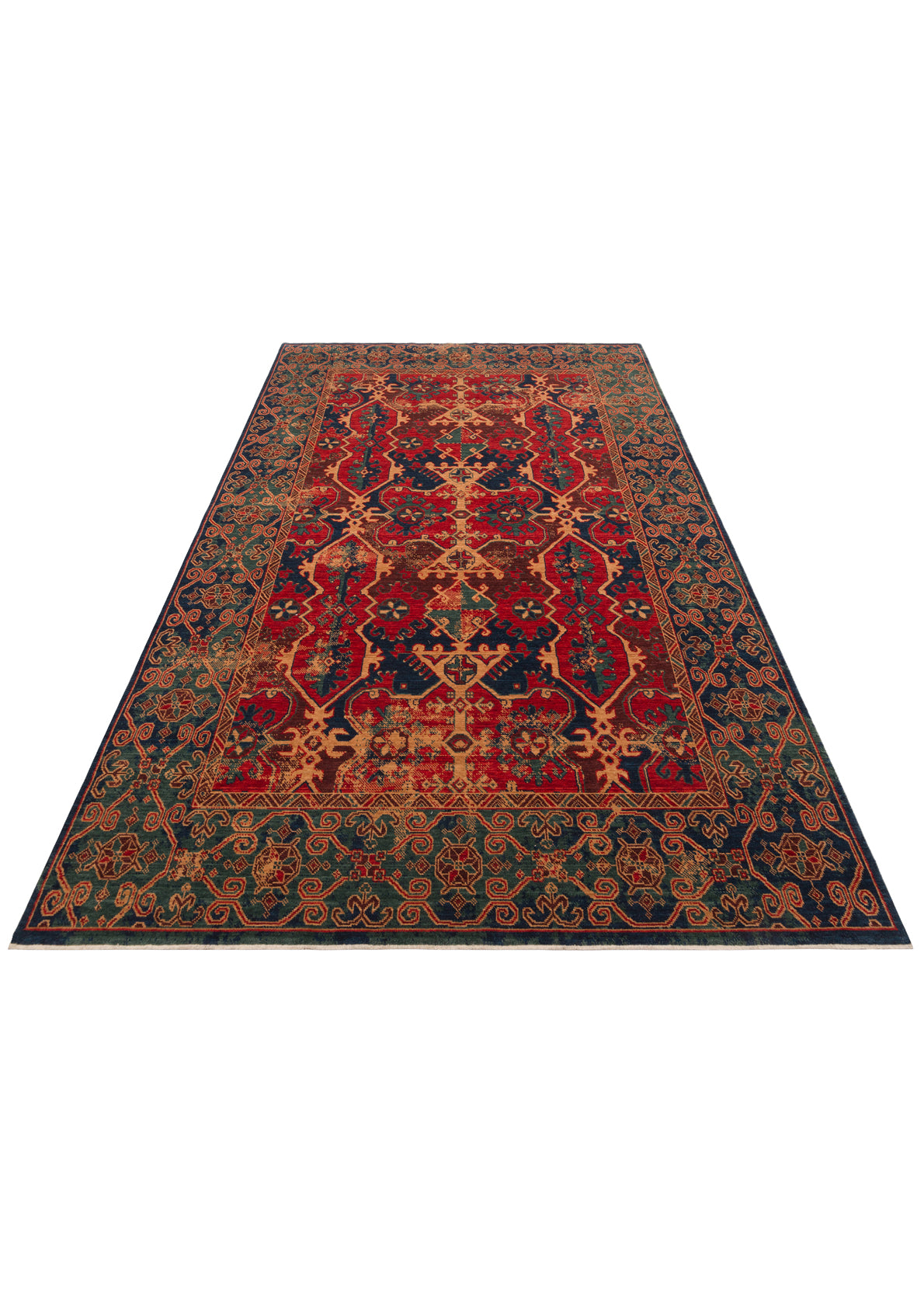 Rönesans El Emeği Etnik Desenli Lacivert Kırmızı Yün Saçaklı Anadolu Motifli Otantik Salon Halısı