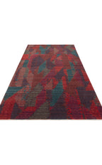 Orient Bordo Turkuaz Çok Renkli Modern Geometrik Desenli Lyocell Modern Halı El Emeği Salon Halısı - Bordo