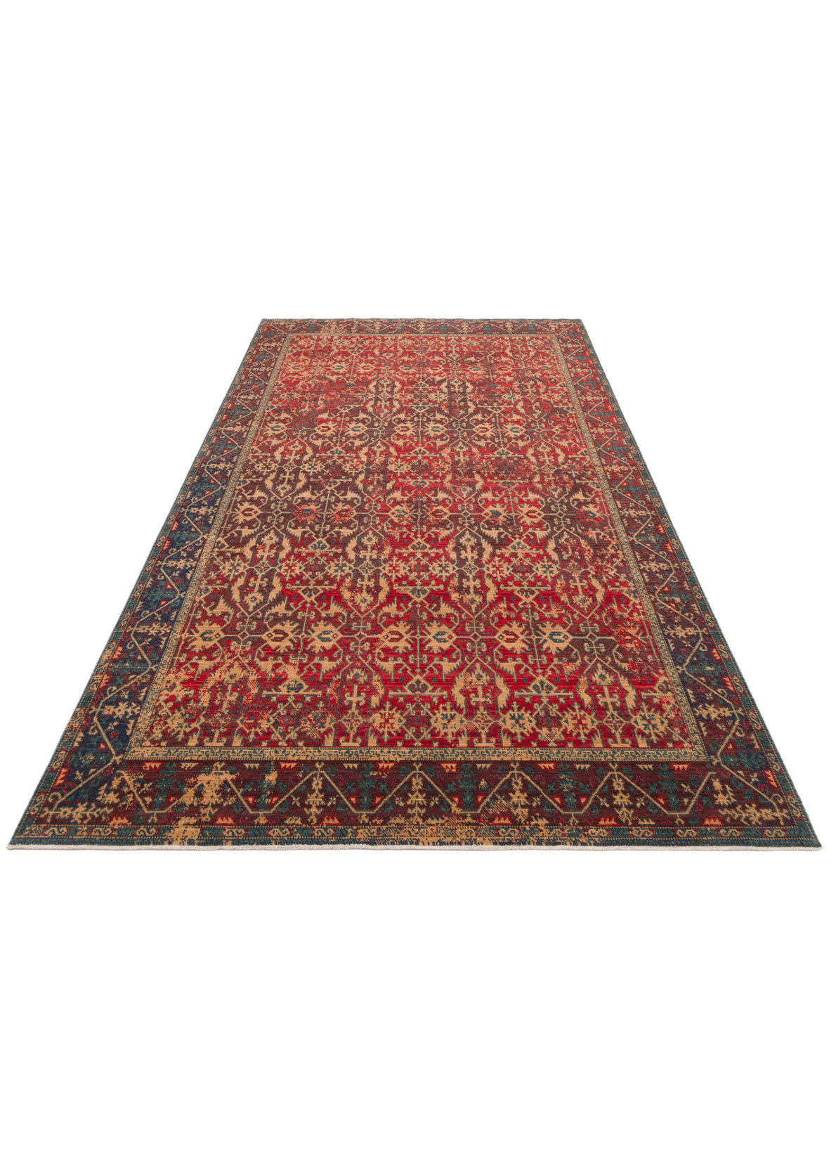 Rönesans El Emeği Etnik Desen Kahverengi Kırmızı Lacivert Yün Geleneksel Dokuma Otantik Salon Halısı