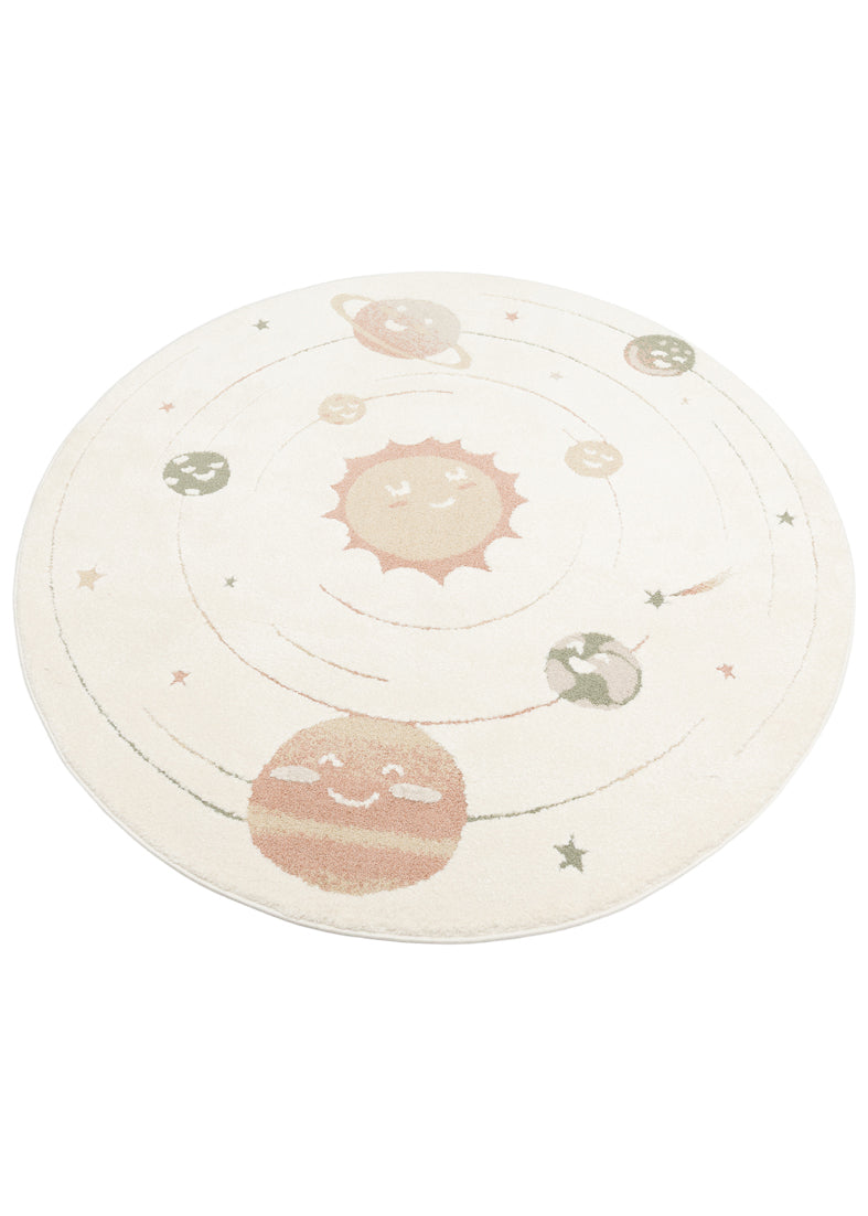 Petit Patterned Beige Round, Dust-Free, Soft Textured, Machine Washable Children's Room Rug - White