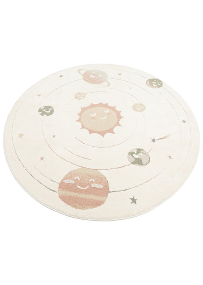 Petit Desenli Bej Renk Yuvarlak Toz Vermeyen Yumuşak Dokulu Makinede Yıkanabilir Çocuk Odası Halısı - Beyaz