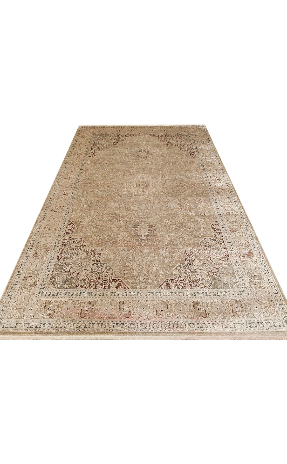 Toscana Klasik Vintage Desenli Açık Bej Over-Dyed Dokuma Salon Halısı Rayon Viskon Yumuşak Dokulu