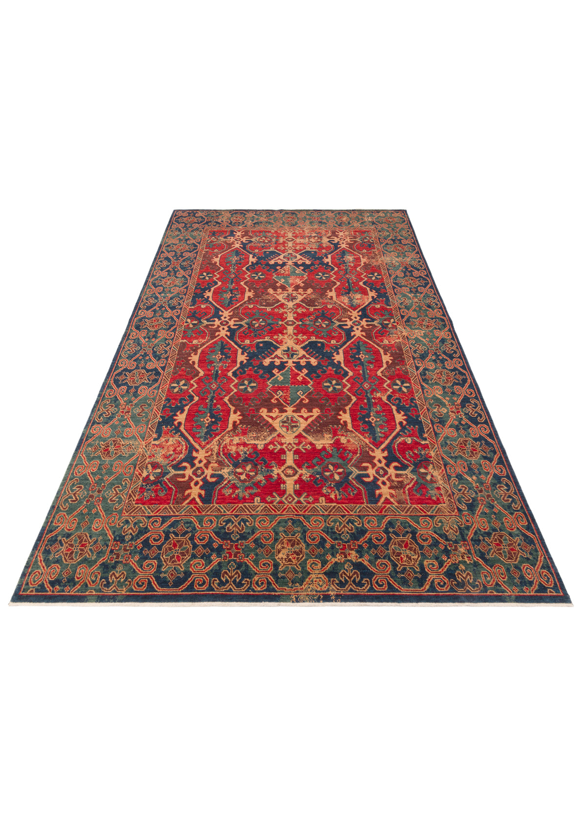 Rönesans El Emeği Etnik Desenli Lacivert Kırmızı Yün Saçaklı Anadolu Motifli Otantik Salon Halısı