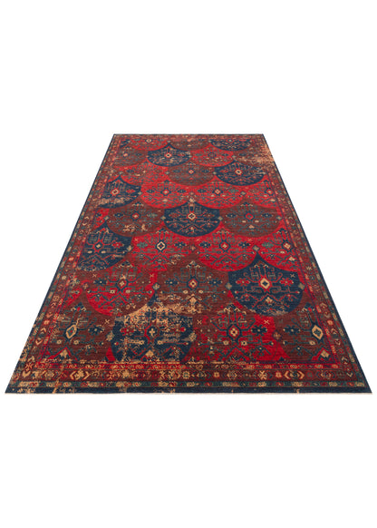 Rönesans El Emeği Etnik Desenli Kırmızı Çok Renkli Yün Saçaklı Anadolu Motifli Otantik Salon Halısı