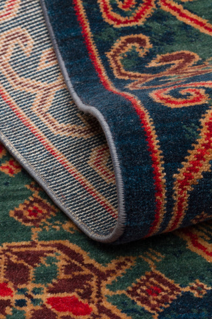 Rönesans El Emeği Etnik Desenli Lacivert Kırmızı Yün Saçaklı Anadolu Motifli Otantik Salon Halısı