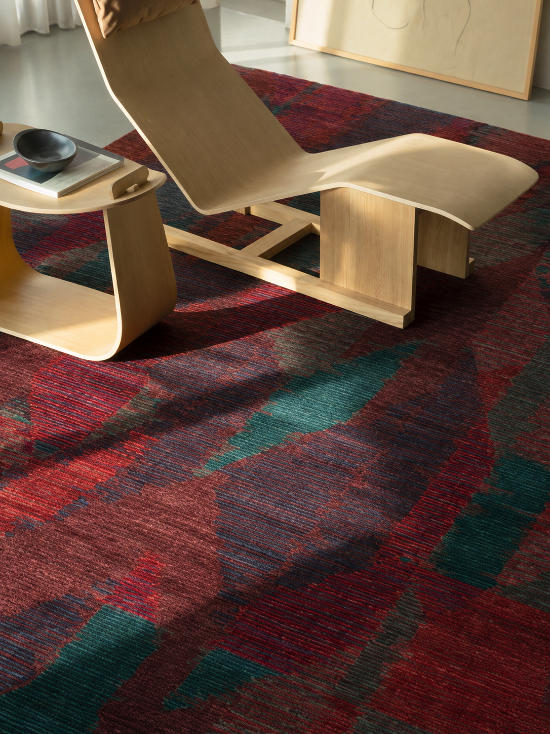 Orient Bordo Turkuaz Çok Renkli Modern Geometrik Desenli Lyocell Modern Halı El Emeği Salon Halısı - Bordo