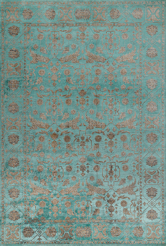 Açık Yeşil Vintage Desenli Yumuşak Tüylü Makine Halısı - Lotus Koleksiyonu