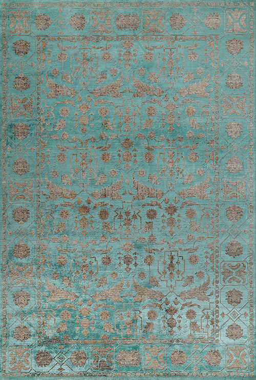 Açık Yeşil Vintage Desenli Yumuşak Tüylü Makine Halısı - Lotus Koleksiyonu