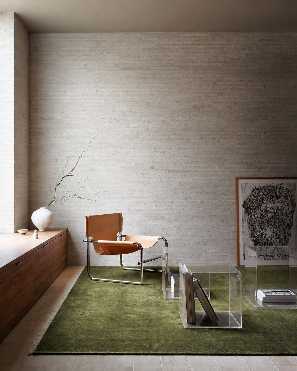 Luma Yeşil Tek Renk Sade Doğal Malzeme Halı Minimalist Parlak Modern Lüks Salon Halısı