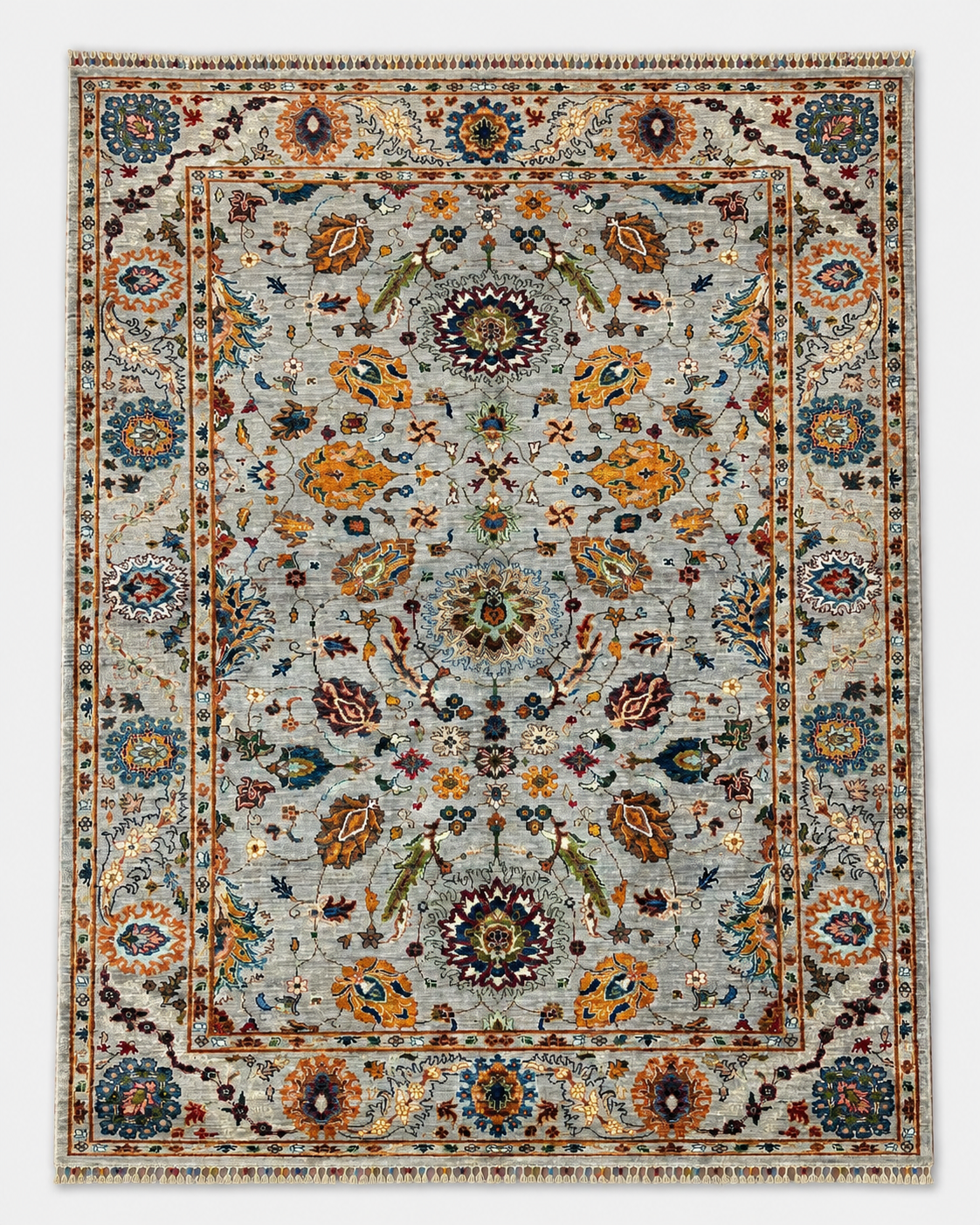 Sultani Açık Yeşil Geleneksel El Dokuma Halı Anadolu Desenli Vintage Dekoratif Yün Salon Halısı - Lacivert