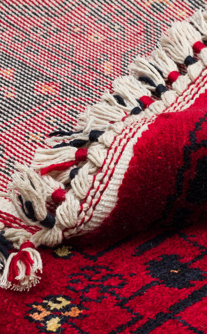 Afghan Yağcıbedir Patterned Handmade Nostalgic Red Bamboo Uşak Carpet Produced on Special Looms