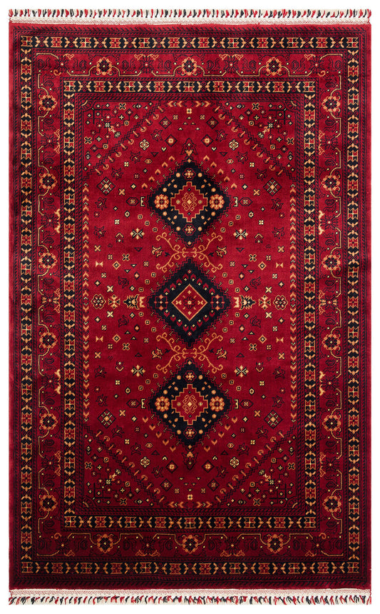 Afghan Yağcıbedir Patterned Handmade Nostalgic Red Bamboo Uşak Carpet Produced on Special Looms