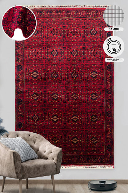 Afghan Yağcıbedir Patterned Handmade Nostalgic Red Bamboo Uşak Carpet Produced on Special Looms