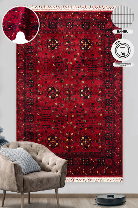 Afghan Yağcıbedir Patterned Handmade Nostalgic Red Bamboo Uşak Carpet Produced on Special Looms