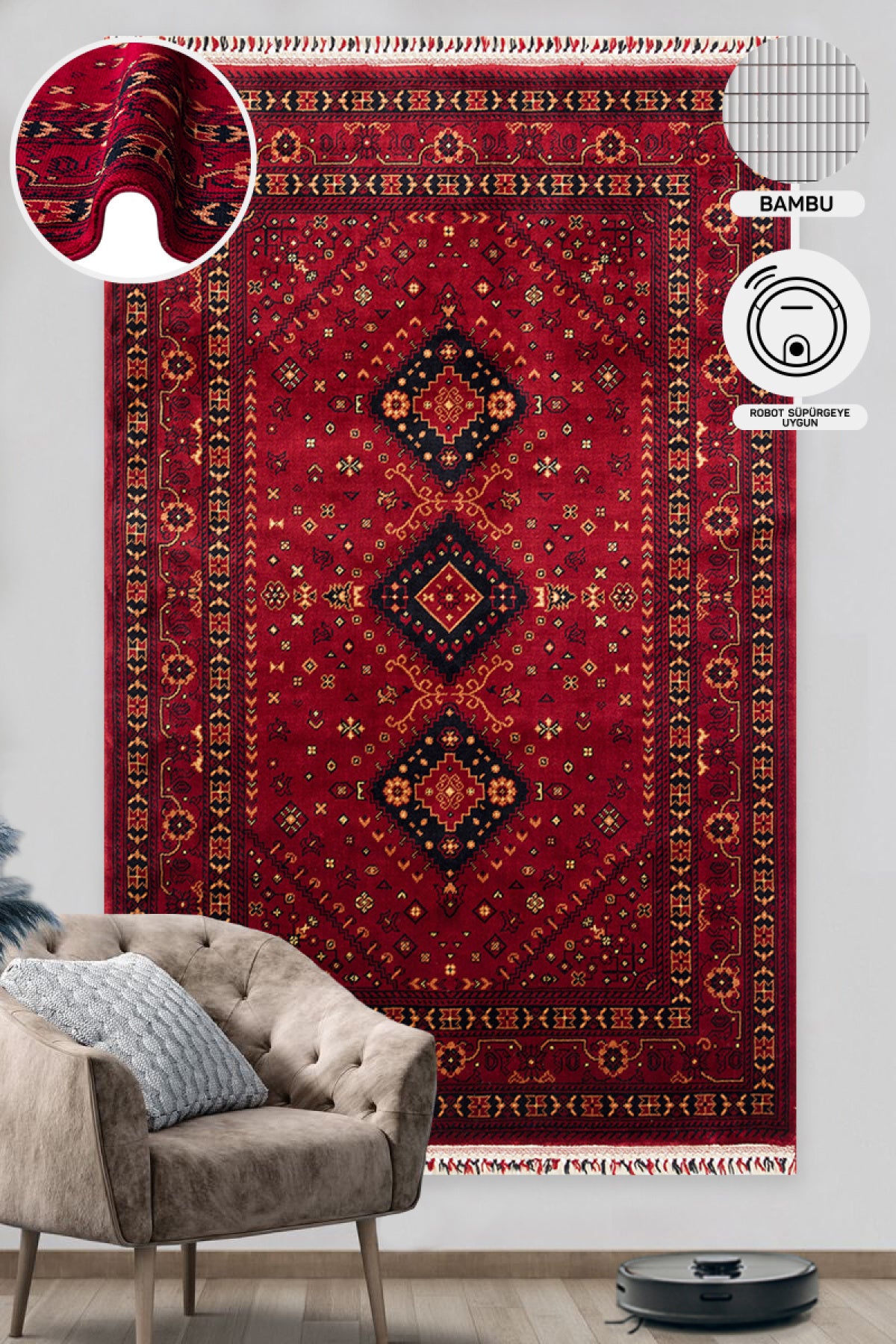 Afghan Yağcıbedir Patterned Handmade Nostalgic Red Bamboo Uşak Carpet Produced on Special Looms