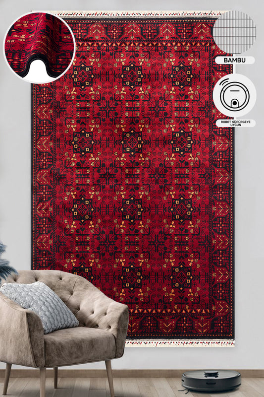 Afghan Yağcıbedir Patterned Handmade Nostalgic Red Bamboo Uşak Carpet Produced on Special Looms