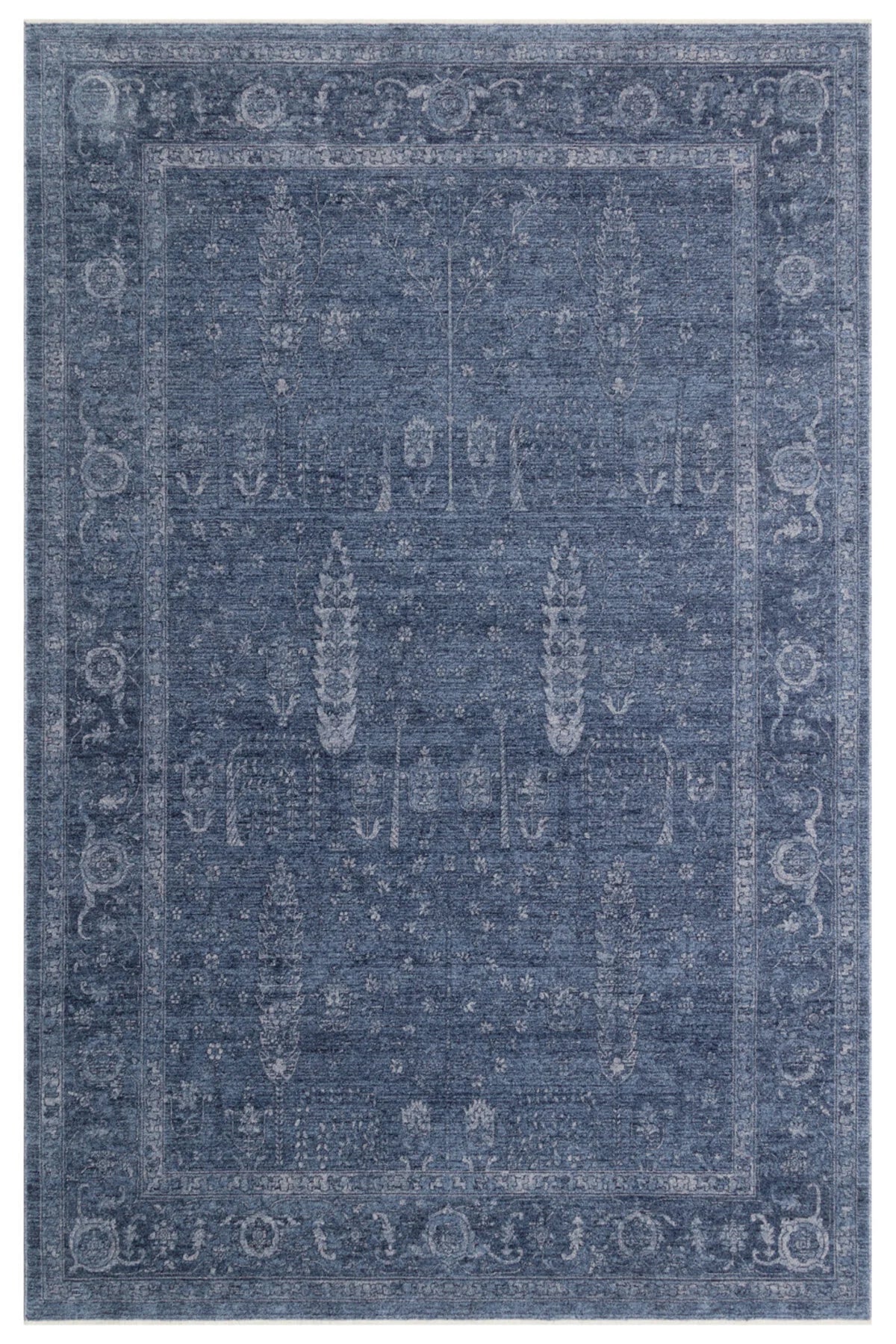 Antik Pers Vintage Klasik Lacivert Hayat Ağacı Desenli Retro Polyester Modern Otantik Salon Halısı