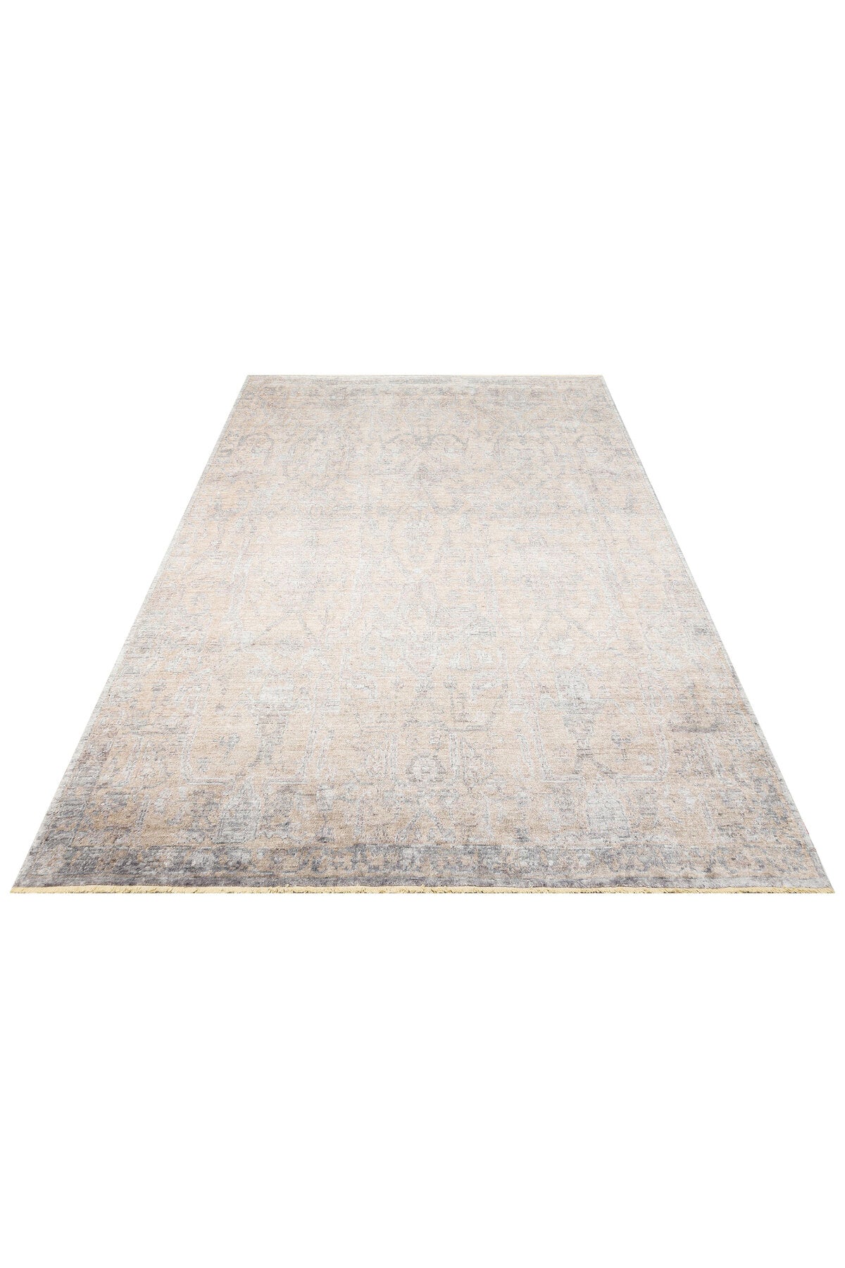 Atlas Serisi Halı Bej Etnik Uşak Desen Saçaklı Lyocell Dokulu Özel Tezgah Salon Halısı