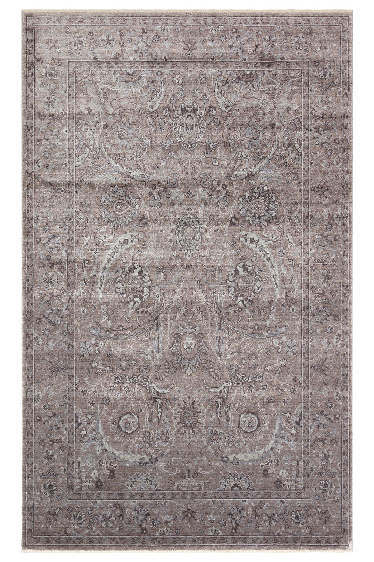 Atlas Serisi Halı Bej Gri Uşak Desen Saçaklı Lyocell Dokulu Özel Tezgah Salon Halısı