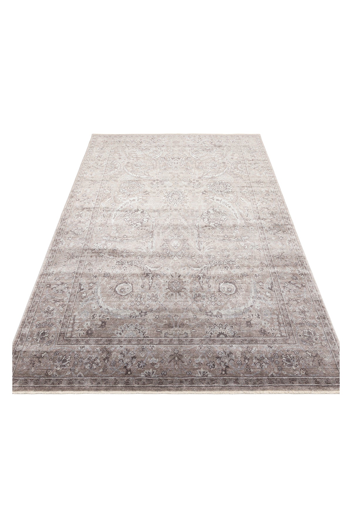 Atlas Serisi Halı Bej Gri Uşak Desen Saçaklı Lyocell Dokulu Özel Tezgah Salon Halısı