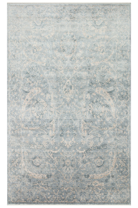 Atlas Serisi Halı Bej Mavi Uşak Desen Saçaklı Lyocell Dokulu Özel Tezgah Salon Halısı