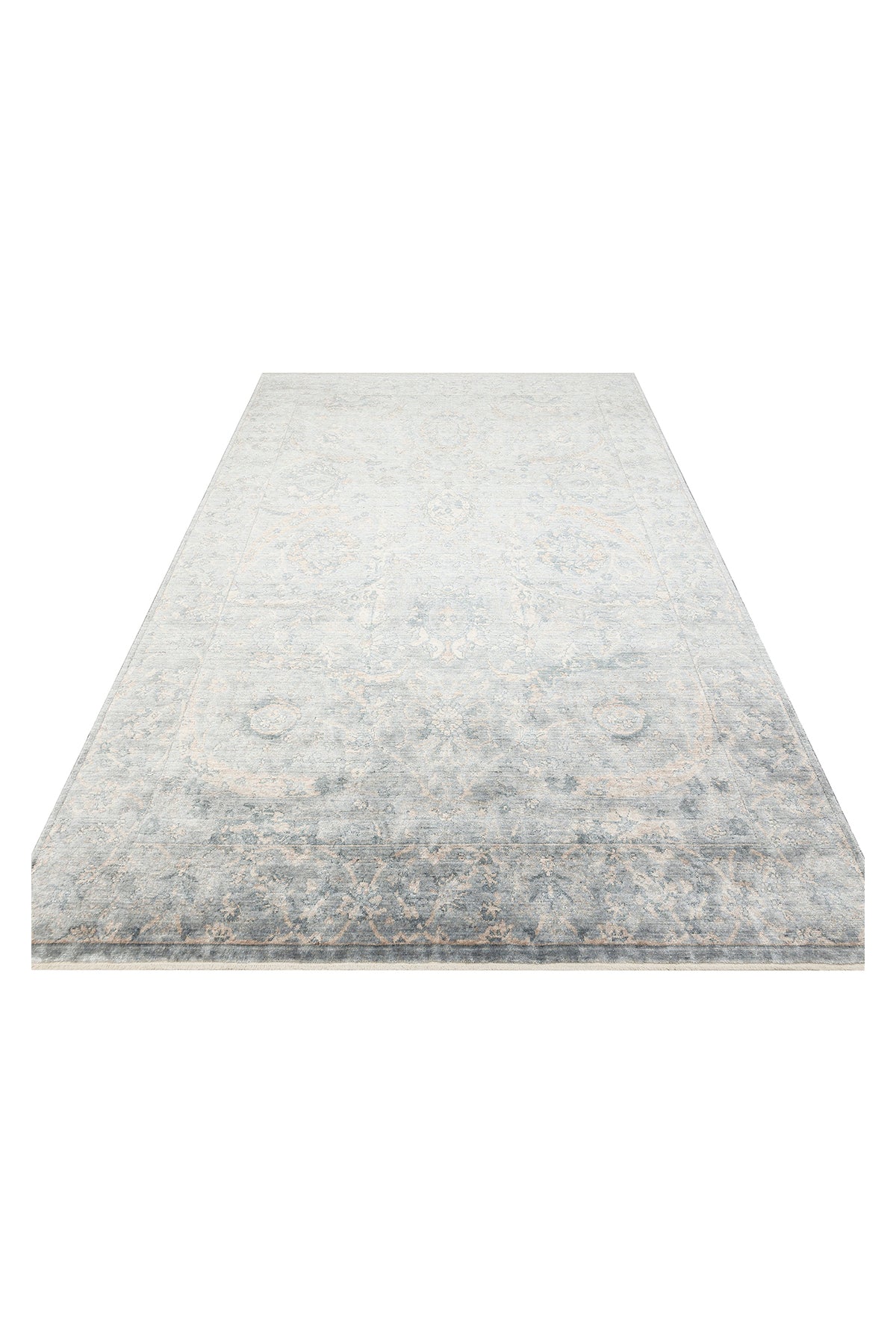 Atlas Serisi Halı Bej Mavi Uşak Desen Saçaklı Lyocell Dokulu Özel Tezgah Salon Halısı