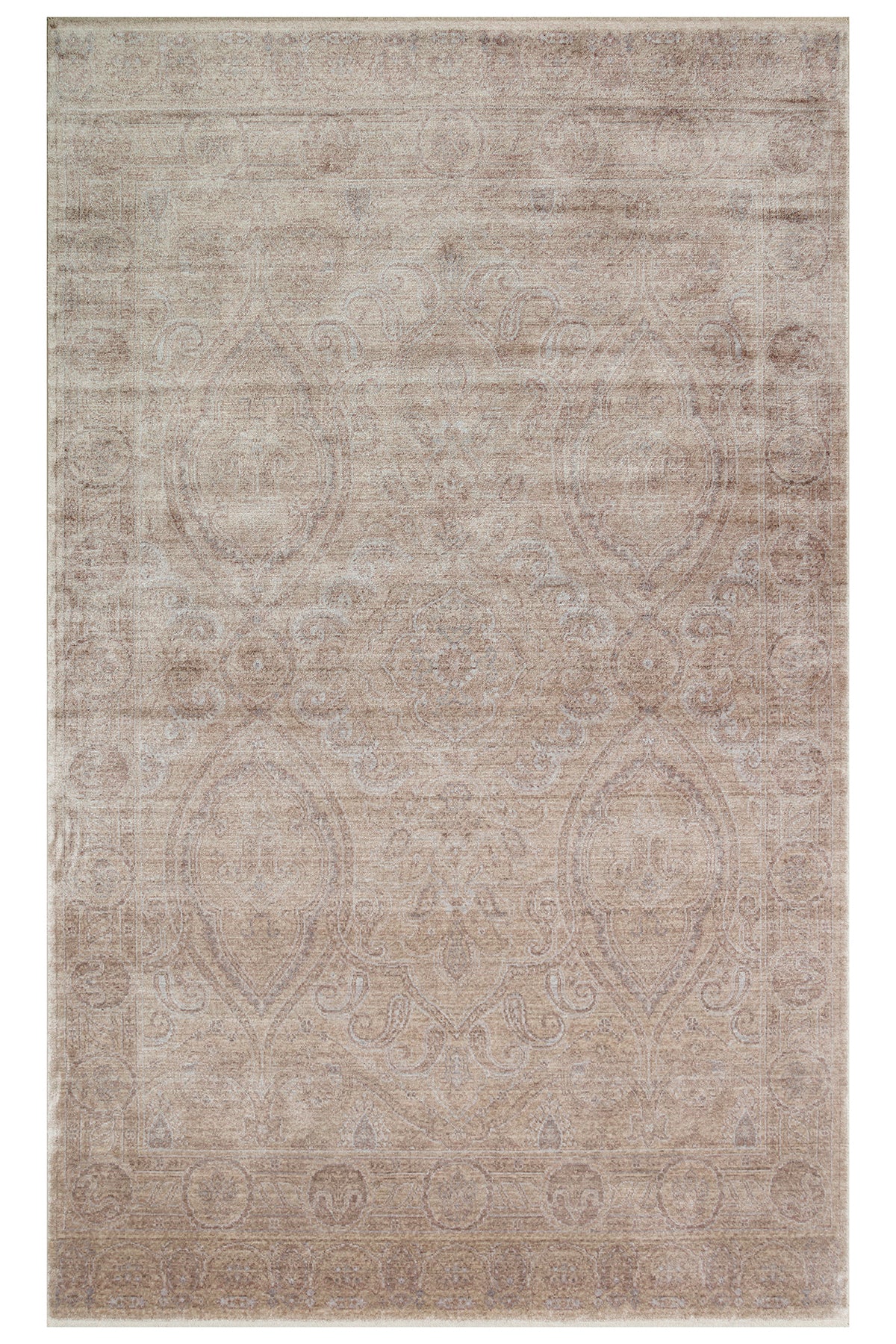 Atlas Series Carpet, Dark Beige, Uşak Pattern, Fringed, Lyocell Textured, Special Loom-Made Living Room Carpet