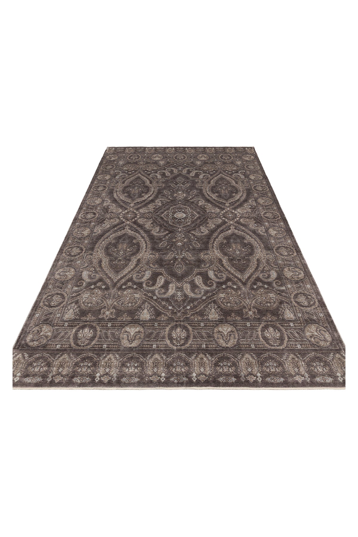 Atlas Serisi Halı Koyu Gri Uşak Desen Saçaklı Lyocell Dokulu Özel Tezgah Salon Halısı