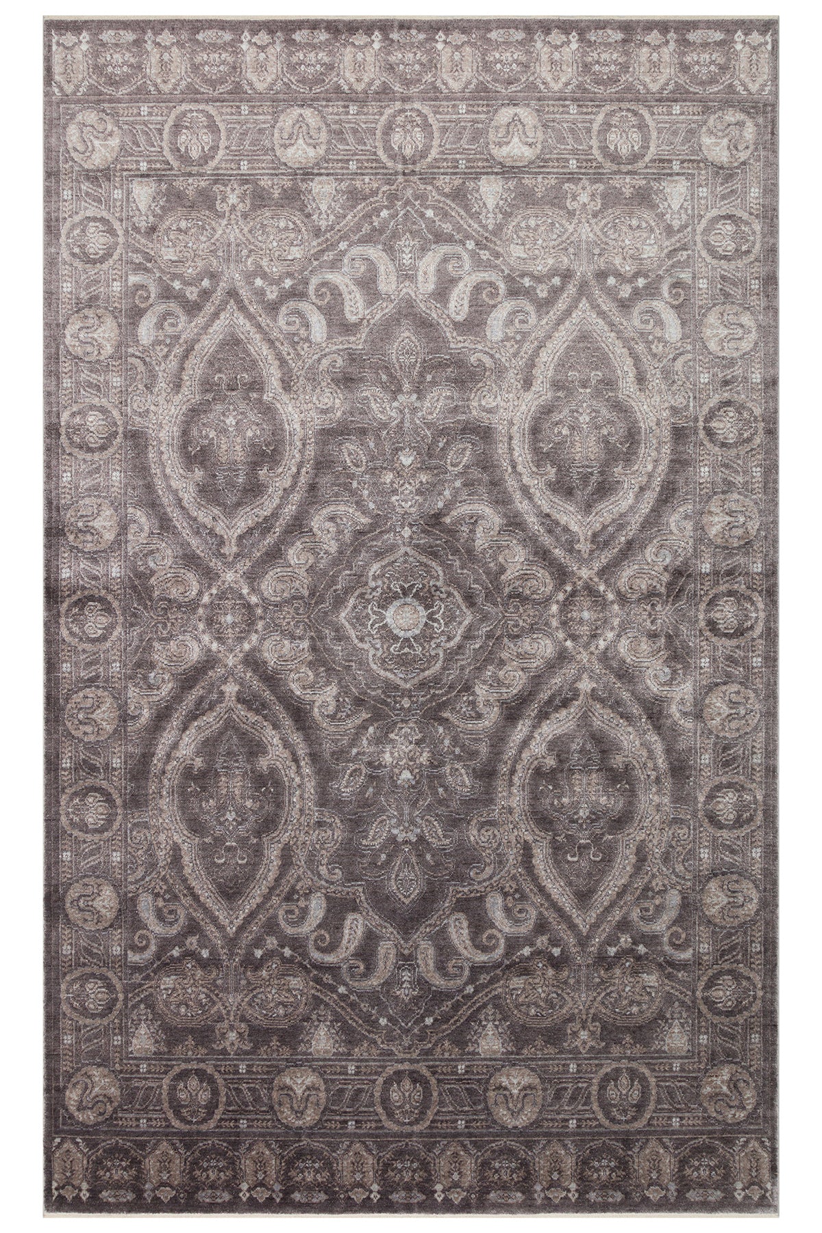 Atlas Serisi Halı Koyu Gri Uşak Desen Saçaklı Lyocell Dokulu Özel Tezgah Salon Halısı