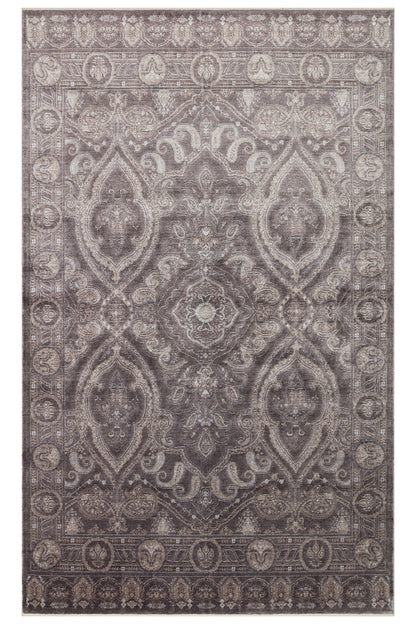 Atlas Serisi Halı Koyu Gri Uşak Desen Saçaklı Lyocell Dokulu Özel Tezgah Salon Halısı