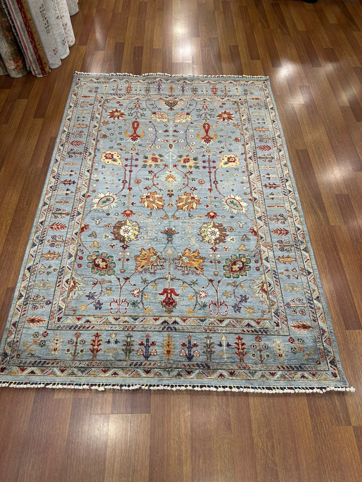Sultani Anadolu Desenli Vintage Açık Yeşil Geleneksel El Dokuma Halı Dekoratif Yün Salon Halısı - Çok Renkli
