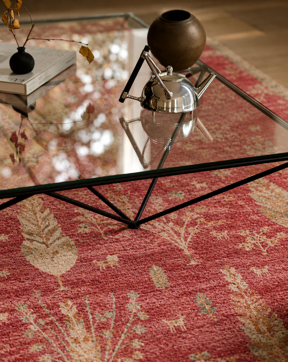 Efsun Handmade Tree of Life Patterned Red Lyocell Special Loom Uşak Design Fringed Living Room Rug
