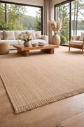 Doha Jüt & Polyester Bej Rengi Kilim | Çift Taraflı Modern Flatweave Halı, Saçaklı Doğal Tasarım