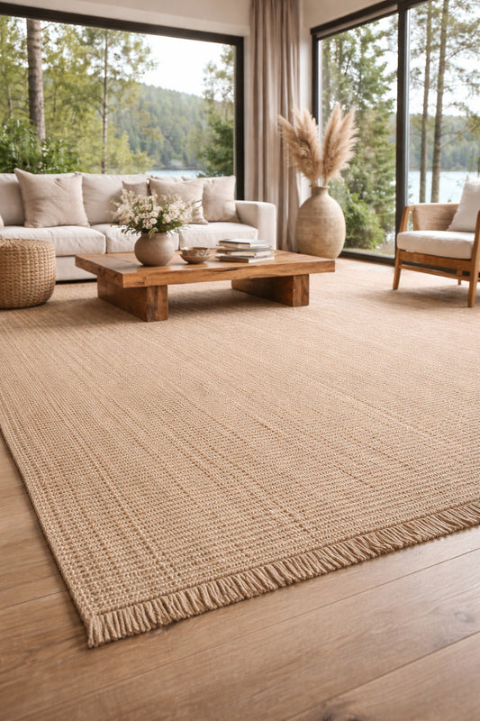 Doha Jüt & Polyester Bej Rengi Kilim | Çift Taraflı Modern Flatweave Halı, Saçaklı Doğal Tasarım