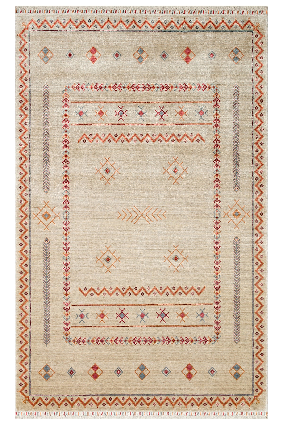 Efsun El Emeği Bej Etnik Çizgili Desen Lyocell Özel Tezgah Saçaklı Salon Halısı