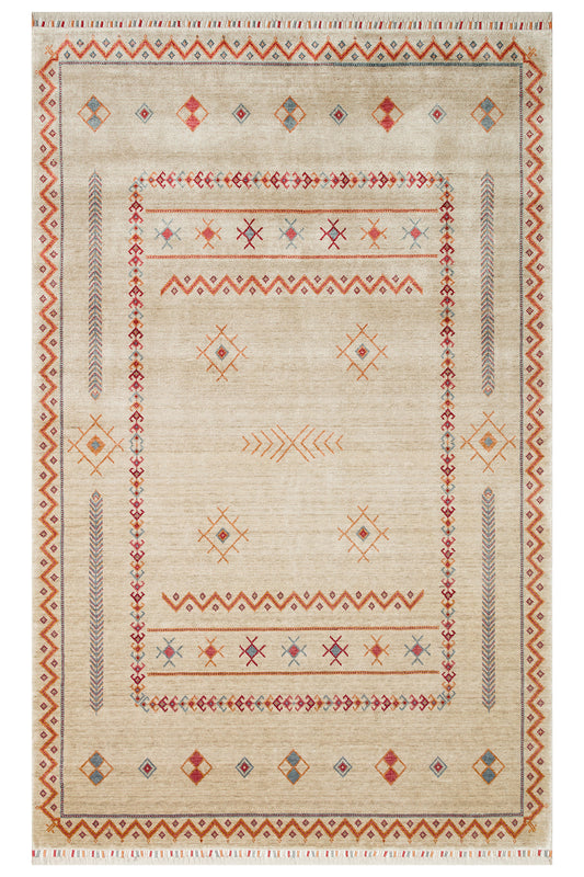 Efsun El Emeği Bej Etnik Çizgili Desen Lyocell Özel Tezgah Saçaklı Salon Halısı