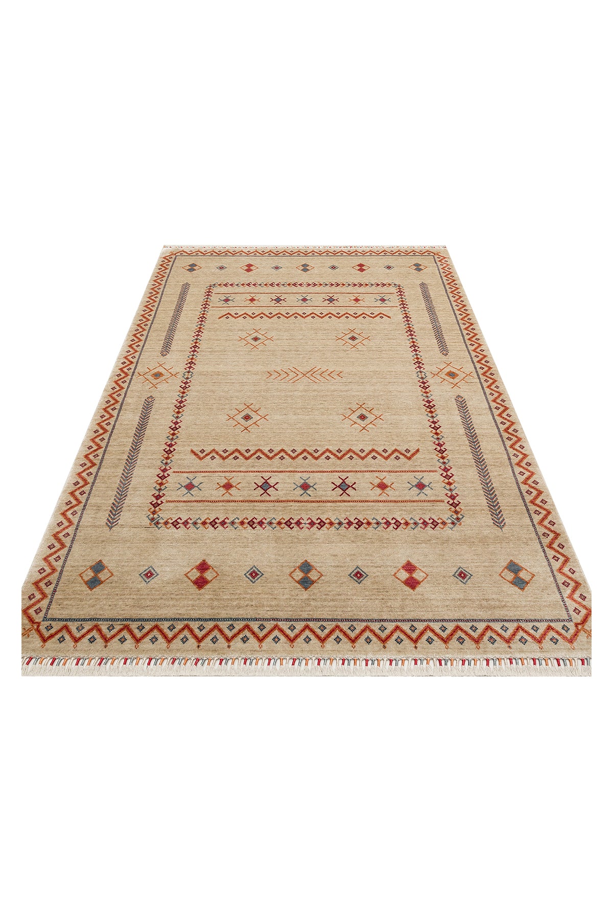 Efsun El Emeği Bej Etnik Çizgili Desen Lyocell Özel Tezgah Saçaklı Salon Halısı