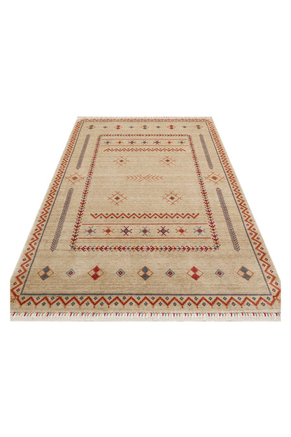 Efsun El Emeği Bej Etnik Çizgili Desen Lyocell Özel Tezgah Saçaklı Salon Halısı