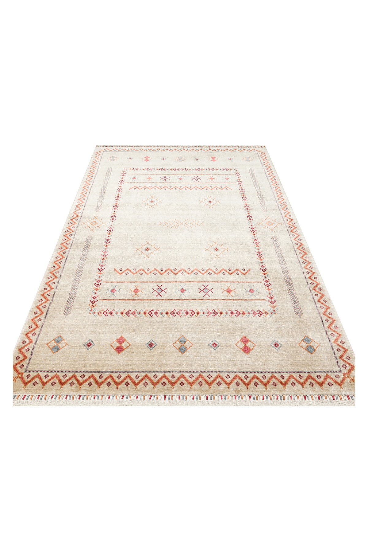 Efsun El Emeği Bej Etnik Çizgili Desen Lyocell Özel Tezgah Saçaklı Salon Halısı