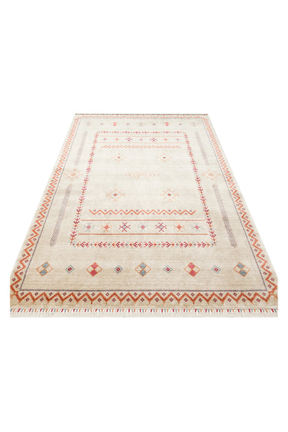 Efsun El Emeği Bej Etnik Çizgili Desen Lyocell Özel Tezgah Saçaklı Salon Halısı