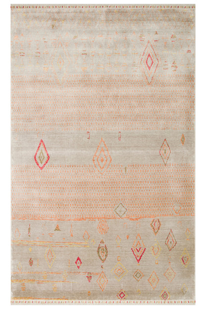 Efsun El Emeği Bej Rengi Lyocell Özel Tezgah Etnik Uşak Desen Saçaklı Salon Halısı