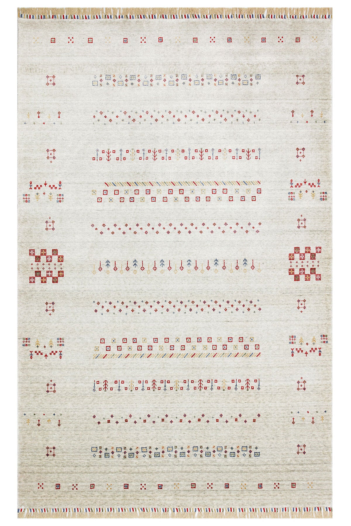 Efsun El Emeği Bej Rengi Lyocell Özel Tezgah Modern Uşak Desenli Saçaklı Salon Halısı