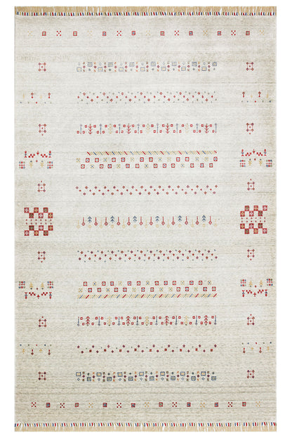 Efsun El Emeği Bej Rengi Lyocell Özel Tezgah Modern Uşak Desenli Saçaklı Salon Halısı