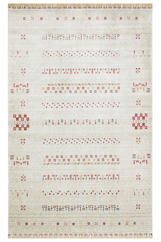 Efsun El Emeği Bej Rengi Lyocell Özel Tezgah Modern Uşak Desenli Saçaklı Salon Halısı