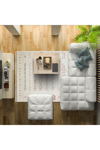 Efsun El Emeği Bej Rengi Lyocell Özel Tezgah Modern Uşak Desenli Saçaklı Salon Halısı