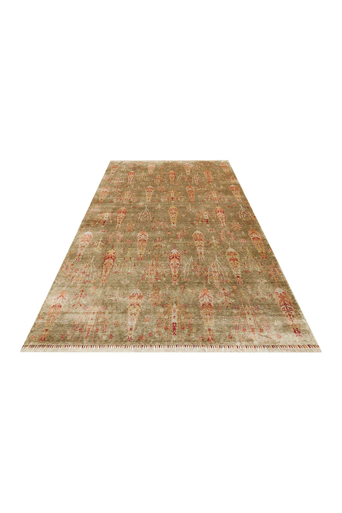 Efsun El Emeği Hayat Ağacı Desenli Açık Yeşil Lyocell Özel Tezgah Uşak Desen Saçaklı Salon Halısı