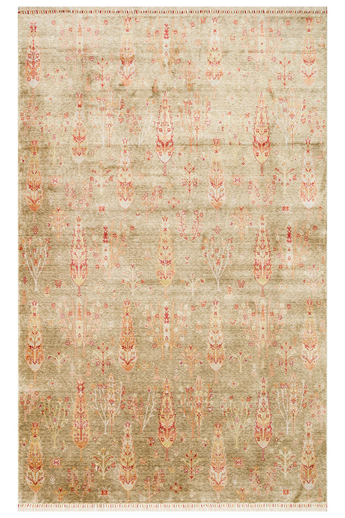 Efsun El Emeği Hayat Ağacı Desenli Açık Yeşil Lyocell Özel Tezgah Uşak Desen Saçaklı Salon Halısı