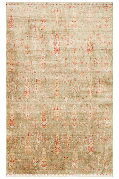 Efsun El Emeği Hayat Ağacı Desenli Açık Yeşil Lyocell Özel Tezgah Uşak Desen Saçaklı Salon Halısı