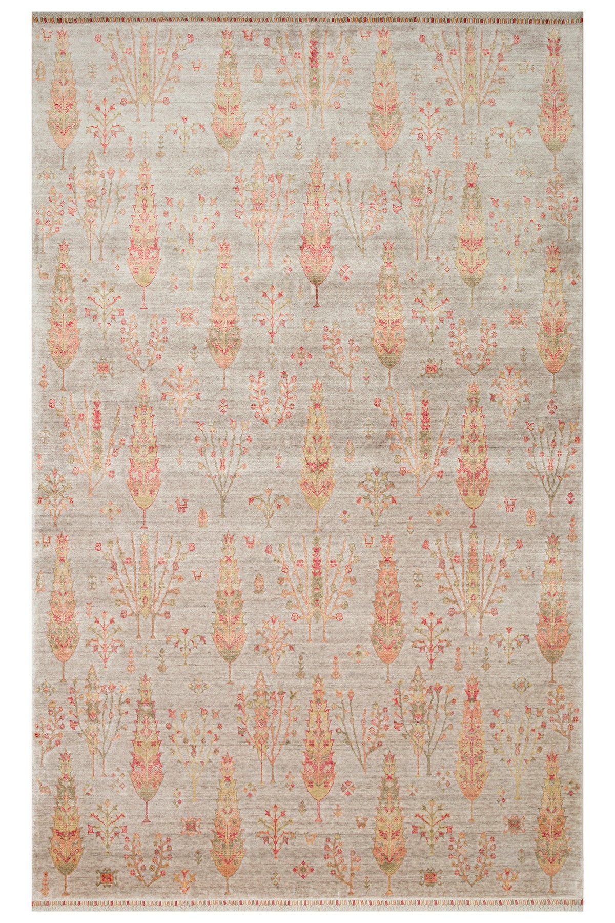 Efsun El Emeği Hayat Ağacı Desenli Bej 2 Rengi Lyocell Özel Tezgah Uşak Desen Saçaklı Salon Halısı